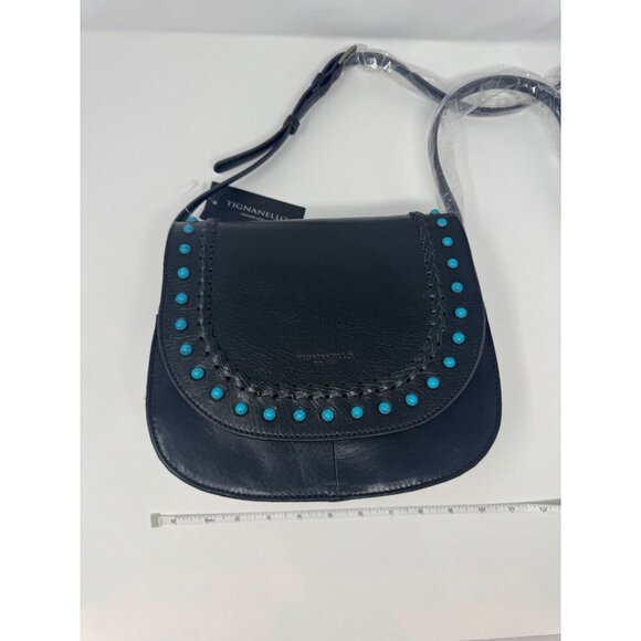 Tignanelle Crossbody Black Leather Saddle bag with Turquoise accence - Picture 8 of 14